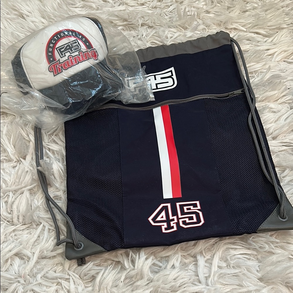 F45 Baseball Cap with Black and White Drawstring Bag with Red Stripe